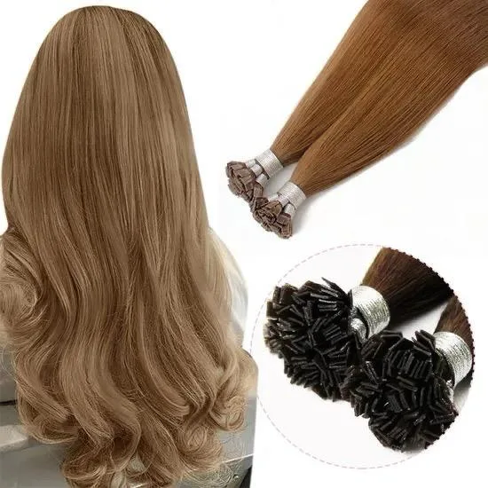 Polywax strands with flat keratin tips, in dark and light brown